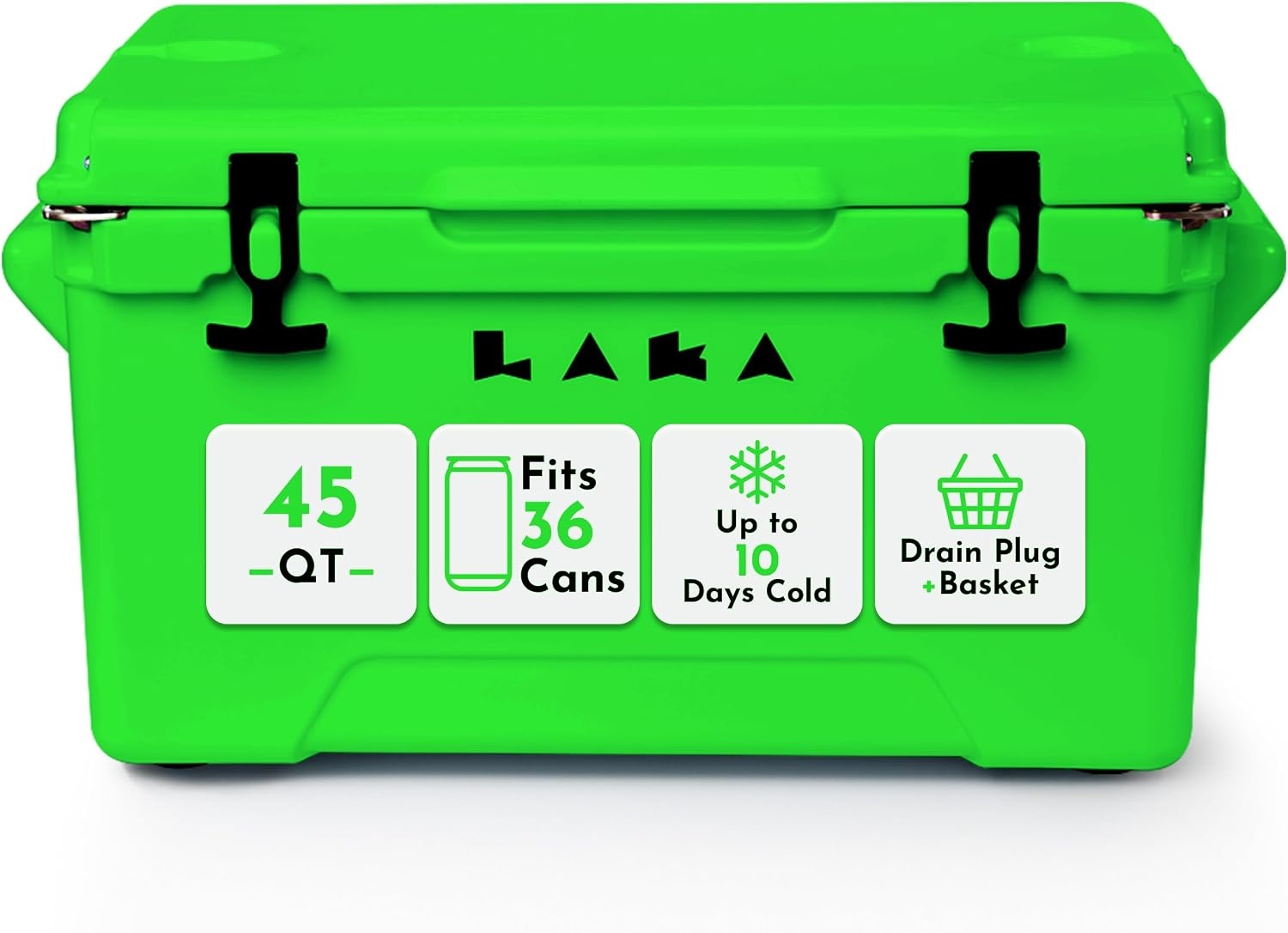 Laka Cooler, 45 Quart Rotomolded Hard Cooler, Insulated Ice Chest Holds 36 Cans/45 lb Ice, Up to 10 Days Cold, Drain Plug + Basket, Non-Slip Feet, Beach Boat Camping Tailgate