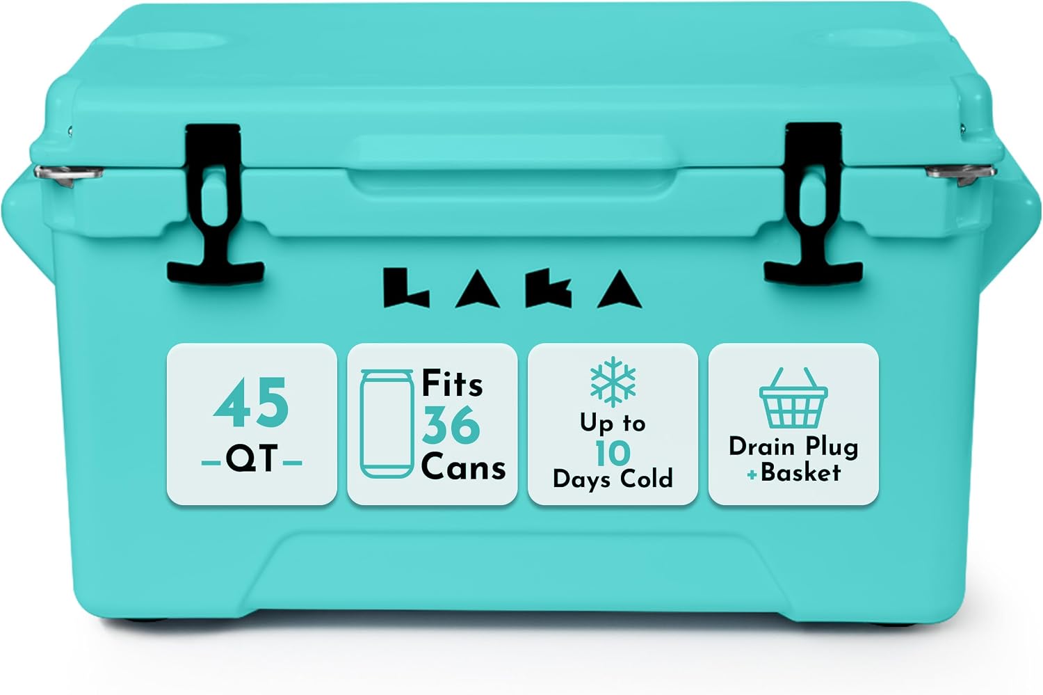 Laka Cooler – 45 Quart Rotomolded Hard Cooler, Insulated Ice Chest Holds 36 Cans/45 lb Ice, Up to 10 Days Cold, Drain Plug + Basket, Non-Slip Feet, Beach Boat Camping Tailgate