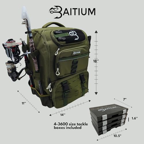 Baitium Fishing Backpack, Tackle Bag With Rod Holders, 40L Capacity With Cooler, Rain Cover, Insulated Pocket, 4 Tackle Trays Included- (Green) : Sports &amp; Outdoors