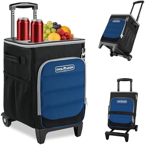 INSMEER 2-in-1 Rolling Cooler with Wheels, 60 Cans Collapsible Soft Sided Cooler on Wheels, Hard Top with 2 Cup Holders, Insulated 100% Leakproof Wheeled Cooler Bag for Beach Camping Outdoor