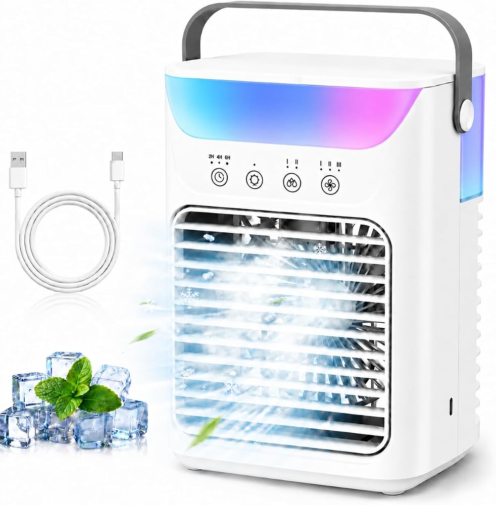 Portable Air Conditioner Desktop AC Cooling Fan | 1500ml Mini Air Cooler with 8 Color Lights,3 Wind Speed,2-6H Timerl,Small Portable Ac Unit for Home Bedroom Office Car,White